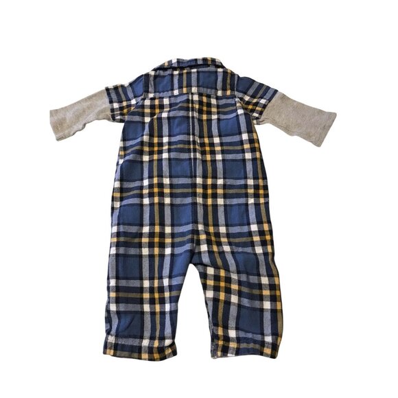 Carters Infant Boy's Size 9 Month Romper Long Sleeve Plaid Blue Yellow Preowned - Picture 2 of 7
